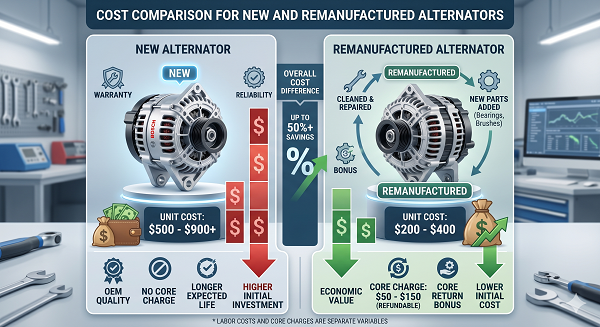 Cost comparison for new and remanufactured alternators